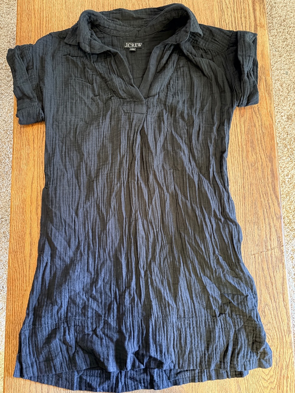 Women’s Black Short-Sleeve V-Neck J. Crew Ribbed Linen Dress w/ Pockets sz XS